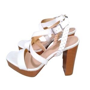 [G173] NEW White Braid Strappy Block Platform Heels, Size 8